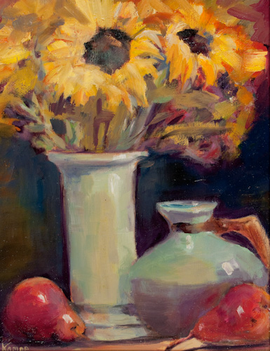 Sunflowers and Red Pears